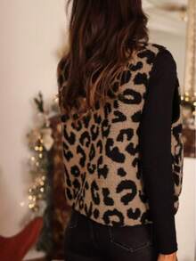 女士豹纹撞色舒适休闲加厚保暖背心，单排纽扣和口袋 - 秋冬新品/畅销品 - 棕黑 - 查看 4