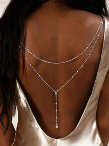 1pc Silver Double Layer Pendant Back Chain, Bridal Dress Body Jewelry Accessory