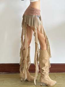 Asymmetrical Waist Tie Decor Women Top - Khaki - View 4