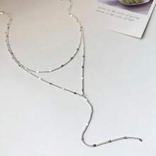 Luxval Lariat Gold Necklace For Women, Dainty Long Necklace 14k Gold Plated/Silver Y-Shaped Pendant Necklaces  Beaded Chain Drop Necklaces Jewelry For Women Gifts{"Color_name":"Silver-YLayeredShinnyNecklace"} - 銀色-YLayeredShinny項鍊 - 查看 7