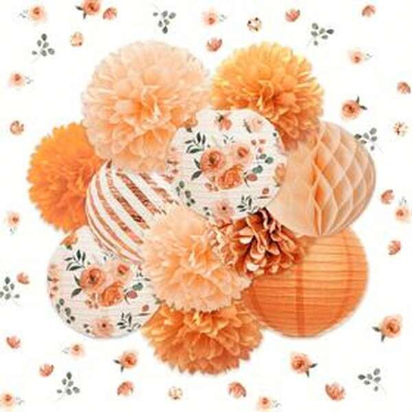 11pcs Vibrant Orange Flower Party Decoration Set - Paper Lanterns, Honeycomb Flowers And Pom Poms With Confetti, Ideal For Birthday, Wedding And More