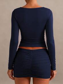 XLLAIS Áo thun dài tay màu trơn, áo thun cổ chữ V nữ mùa xuân, trang phục mùa thu, ngày Valentine - Xanh đậm - Xem 8