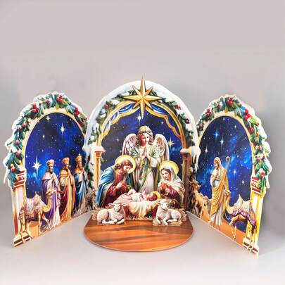3D Pop-Up Christmas Card Featuring The Nativity Scene - Under The Starry Night Sky, Shepherds Bow To Hear The Angel's Tidings, With The Bethlehem Star Shining Above. Suitable For Christmas Commemoration, Home/Office Holiday Decor, Celebration Greetings, And Party Invitations. Brings The Sacredness Of The Religious Story And The Warmth Of The Holiday Spirit To Life In A Dimensional, Enduring Token Of Faith And Blessings.