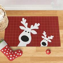 1pc Christmas Velvet Doormat, Reindeer Pattern Entrance Rug, Durable Non-Slip Floor Mat For Home Entryway - Red - View 5