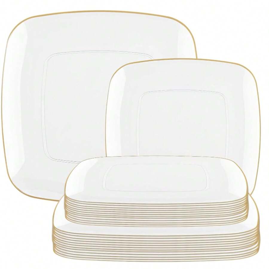 50/25/20/10/1 Set White Oval Single Gold Rim Party Plates, Dinnerware Set, Salad Plates, Celebration Party Tableware, Trays, 10.25 Inch And 7.5 Inch Dinner Plates, Suitable For Various Parties, Outdoor, Wedding, Restaurant - White Background With Gold Edges - View 1