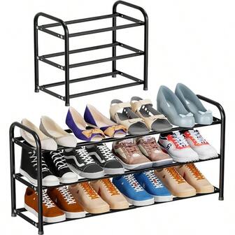 3 - Tier Expandable Shoe Rack, 18u201C - 32u201D Adjustable Shoe Organizer Shelf Closet Entryway, Sturdy Metal, Black