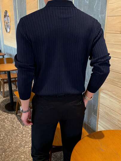 ALTZTAR 男士宽松修身长袖条纹针织 Polo 衫，简约时尚，适合日常通勤、春秋季穿着。