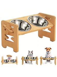 Adjustable Bamboo & Wood Pet Double Bowl Stand, Raised Feeder For Medium & Small Dogs And Cats