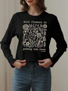 Damen Herbst und Winter Blumen und Slogan Grafik Rundhals Langarm T-Shirt, lässiger, locker sitzender und vielseitiger Urlaubsstil Oberteil, modische Herbstbekleidung für Damen, geeignet für den täglichen Gebrauch - Schwarz - Übersicht 2