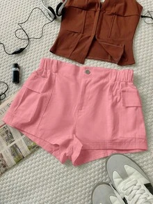 Y3K街头风弹力腰带翻盖口袋侧边工装短裤，纯色休闲日常短裤，Y2K音乐节夏季粉色 - 粉色 - 查看 6