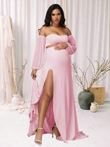 JustVH 2pcs Maternity Lantern Sleeve Tube Top & High Slit Maxi Dress, Suitable For Photo Shoot And Baby Shower