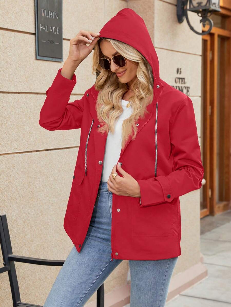 Impermeable con capucha largo para mujer, impermeable casual ligero con cremallera completa para senderismo y actividades al aire libre - Rojo - Ver 1