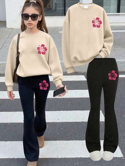 2 - Piece Set Girl Simple And Sweet Style Hibiscus Print Set, Comfortable And Elastic, Spring Autumn Daily Leisure Wear