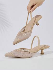 Women's Rhinestone Decor Kitten Heel, Pointed Toe Hollow Slip-On Sandals, Fashionable & Elegant For Party And Formal Dress Low Heels - Apricot - View 3