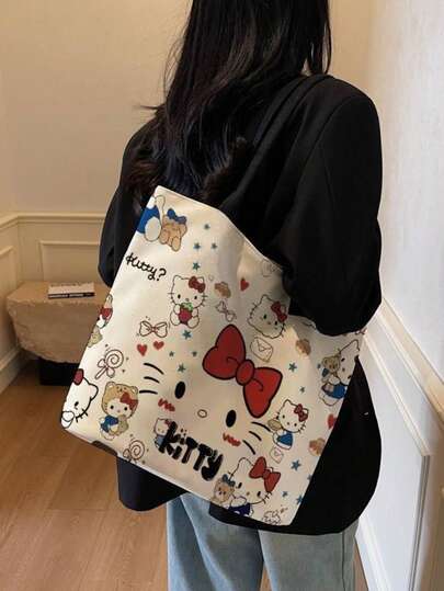 1 pieza Bolso de lona grande con capacidad de Hello Kitty de Sanrio, bolso de hombro para mujer con correa desmontable, regalo de moda para el trabajo y los viajes