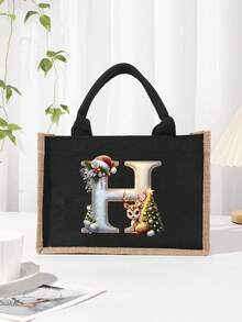 Men's Casual Tote Bag, Large Capacity Shopping Bag, Linen Beach Tote Bag Christmas Theme 26 Letter Print Commuter Tote Bag Yellow Linen Tote Bag, Shopping Bag With Gold Letter And Flower Print, Large Capacity Reusable Shopping Bag Laptop Bag Christmas Bags