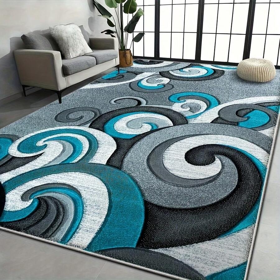Large Soft Washable Area Rug - Abstract Swirl Blue, Black And Gray Design | Floor Mats For Living Room, Bedroom, And Office Decoration | Plaid And Machine Washable Home Decor Mat - Nhiều màu - Xem 1