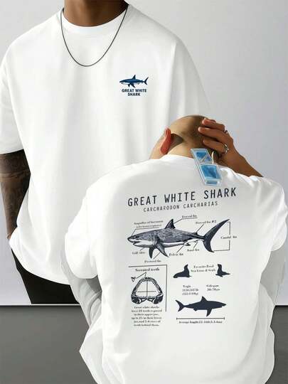 Camiseta de anatomía del gran tiburón blanco, algodón orgánico, estampado de doble cara, antiencogimiento, corte clásico, básica, comodidad durante todo el día.