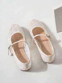 Women's Round Toe Mesh Ballet Flats, Embroidered Floral Design, Elegant Minimalist Breathable Retro Mary Jane Slip-On Style, Fashionable And Comfortable For Daily Wear - Apricot - View 6