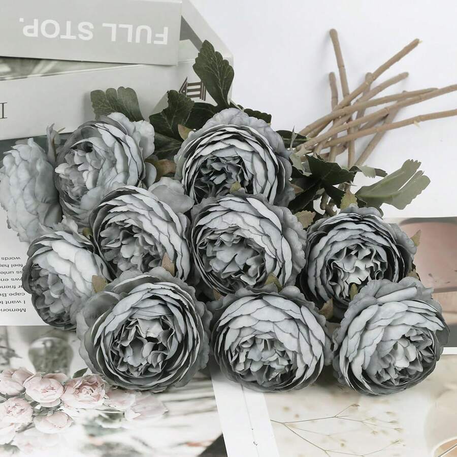 1朵白色仿真牡丹花，丝绸花头，逼真牡丹花，适用于婚礼派对装饰、蛋糕装饰、家居客厅餐桌装饰、秋季派对装饰、丰收餐桌中心装饰、花环装饰 - 藍色 - 查看 1