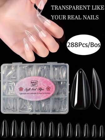 288PCS Acrylic Transparent Press On Nails, Lightweight And Comfortable, Flexible And Bendable, No Trace When Folded, Strong Toughness, Natural Clear Look, Perfect For Salon And Home Use, 2025 Fashionable Soft Gel Nail Art Design,