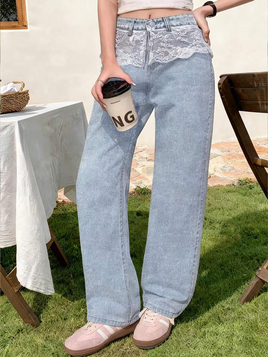 Women's Lace-Trimmed Wide-Leg Jeans - Light Blue, Loose, Hips-Covering, Slim-Fitting Straight-Leg Pants, Versatile Daily Sweet-Style Trousers - 淺色水洗藍 - 查看 1