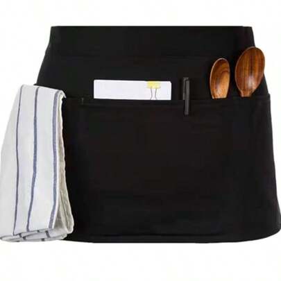 Avental curto com 3 bolsos para garçonete/barbeiro/limpeza doméstica/churrasco ao ar livre, 1 peça/3 peças, preto, unissex