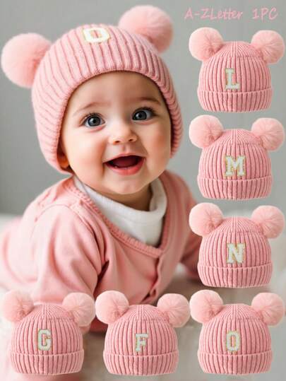 Bonnet tricoté à double pompon pour bébé, bonnet épais en tricot avec lettres AZ pour enfants, adapté aux garçons et aux filles, tenue décontractée quotidienne en automne et en hiver.