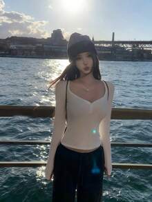 Women's Fitted Crew Neck Long Sleeve T-Shirt, Thermal Lined, Autumn/Winter - White - View 5