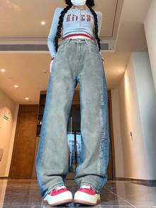 Quần jeans ống đứng cạp cao dáng rộng cho nữ, thiết kế chắp vá, dài đến mắt cá chân - Màu xanh lam - Xem 4