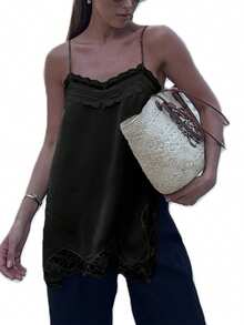 Lace Trim Cami Top For Women, Sleeveless Spaghetti Strap Tank, Elegant Summer Blouse - Black - View 10