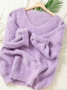 Nouveau pull ample à col V - Modèle à manches 3/4 court, tissu doux, pull femme oversize en velours polyester unicolore col V pour la maison et le port quotidien, indispensable pour l'automne/hiver - Nouvel An - Lilas - Voir 3