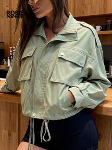 Veste style de rue verte pour femmes Rosie Pophub | Coupe-vent court en fibre de polyester avec col cranté, cordon de serrage à la taille et poches, décontracté pour le printemps/été, nouvelle arrivée - Militaire verte - Voir 8