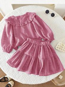 2pcs Girls Hollow Out Embroidery Collar Blouse And Skirt Set, Casual & Fashionable, Autumn/Winter/Spring - Pink - View 3