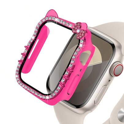 Funda compatible con Apple Watch con patrón de dibujos animados, cubierta protectora de PC con chapa de diamantes brillantes y protector de pantalla de vidrio templado endurecido HD para SE 11/10/9/8/7/6/5/4 compatible con Apple Watch, funda protectora completa a prueba de golpes/roturas y de protección integral para el reloj, compatible con Apple Watch de 40/41/42/44/45/46 mm, serie Diamond Flash para mujeres