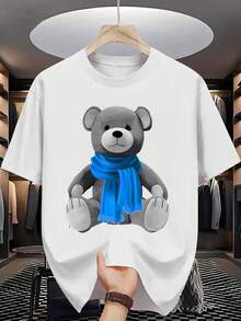 Men's Summer Short Sleeve T-Shirt With Cute Teddy Bear & Blue Scarf Print - Casual Round Neck Breathable Tee, Grey & Blue Bear Face Design For S, Machine Washable Casual Attire Or Themed Outfits - White - View 2