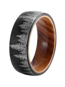 1pc 8mm-Wide Black Tungsten Steel Forest Mountain Ring Men's Wedding Band Exquisite Men's Accessory Jewelry Ornament For Daily Wear For Banquet Party Holiday Birthday Anniversary Gift