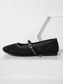 Women's Round Toe Mesh Ballet Flats, Embroidered Floral Design, Elegant Minimalist Breathable Retro Mary Jane Slip-On Style, Fashionable And Comfortable For Daily Wear