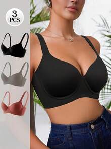 3 件套无钢圈无缝轻薄聚拢文胸，可调节宽肩带，舒适透气，优雅纯色女士内衣，黑色/红色/灰色 - 彩色 - 查看 10