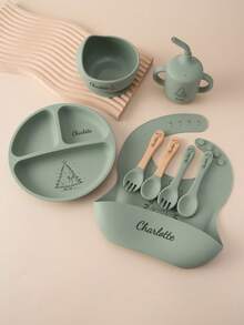 8PCS Print On Demand Custom Name Pattern Baby Silicone Tableware Set Personalized Customization Sucker Bowl Plate Leakproof Baby Cup Baby Bib Soft Spoons Forks,Cutlery Set - Multicolor - View 7