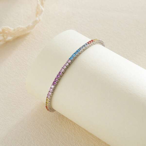 MDFUN Tennis Bracelet For Women, 2mm Colorful Cubic Zirconia 14K Gold Plated Bracelet, Rainbow Round Cut CZ Tennis Link Jewelry Gift