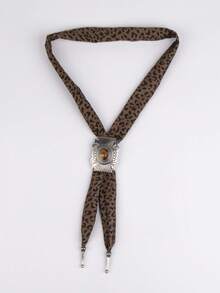 1pc Unique Design Bolo Tie With Leopard Print Ribbon, Gemstone Inlaid Geometric Alloy Pendant Long Necklace