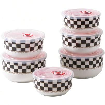 Porlien Checker Porcelain Canisters Set Of 6, 15oz/21oz/32oz Each 2pcs, Food Storage Containers With Silicone Airtight Lid For Coffee, Tea, Condiments, Flour & Nuts