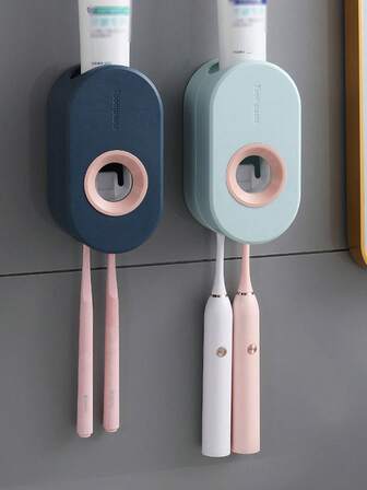 防尘自动牙膏分配器及挤压器 - 壁挂式浴室收纳架，适用于牙刷、浴室整理收纳、浴室装饰、情人节礼物、圣诞装饰