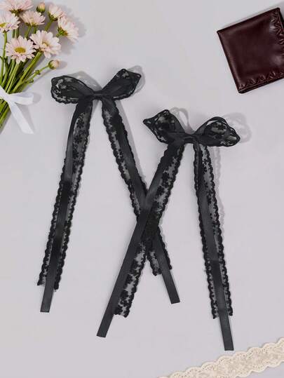 2 Stück Blumen Spitze Haarbögen für Mädchen, schwarze Schleifenbögen mit Alligatorclips und langem Schweif, elegante Hochzeit Haarspangen, Urlaubs-Barrettes, Geschenk für Teenager Haarschmuck