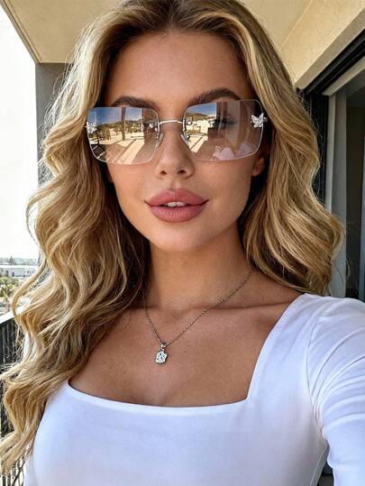 1pc Fashionable Frameless Retro Butterfly Square Glasses, Suitable For Autumn And Winter Women's Family Outings, Trips, Beaches, Music Festivals, And Daily Clothing Accessories