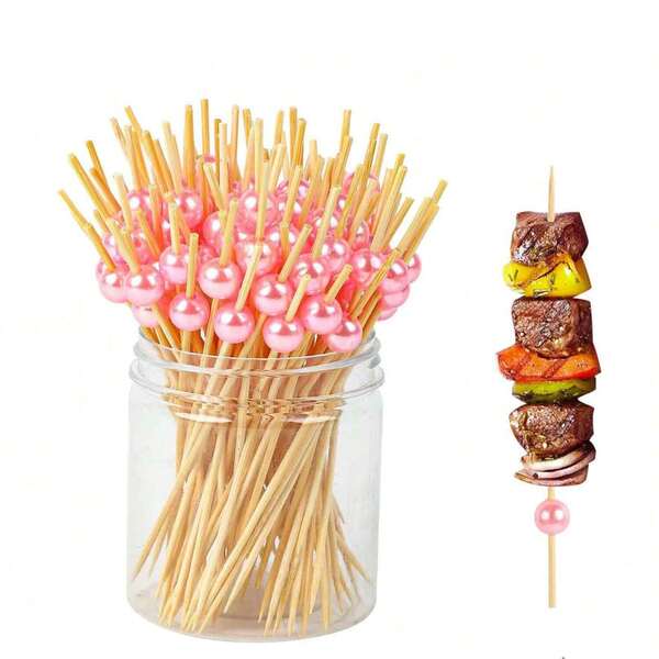 10/50/100pcs 4.7 Inch Pink Pearl Party Decorations, Elegant Appetizer, Meat/Food Skewers Suitable For Home Gatherings, Outdoor Picnics, Christmas
