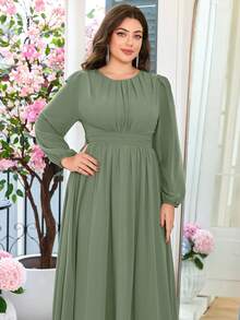 Volly Toych Elegant A-Line Maxi Chiffon Dress With Round Neck And Long Sleeves, Suitable For Bridesmaid, Wedding Guest, Unlined Sleeves, Plus Size, Autumn - Eucalyptus - View 3