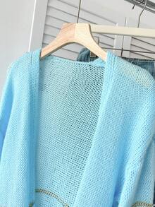 Áo len cardigan tay dài cổ chữ V sọc khối màu thời trang cỡ lớn dành cho nữ - Thiết kế sọc vàng, vải mềm nhẹ - Áo len dệt kim dài ngang gối, mùa thu - Màu xanh lam - Xem 5