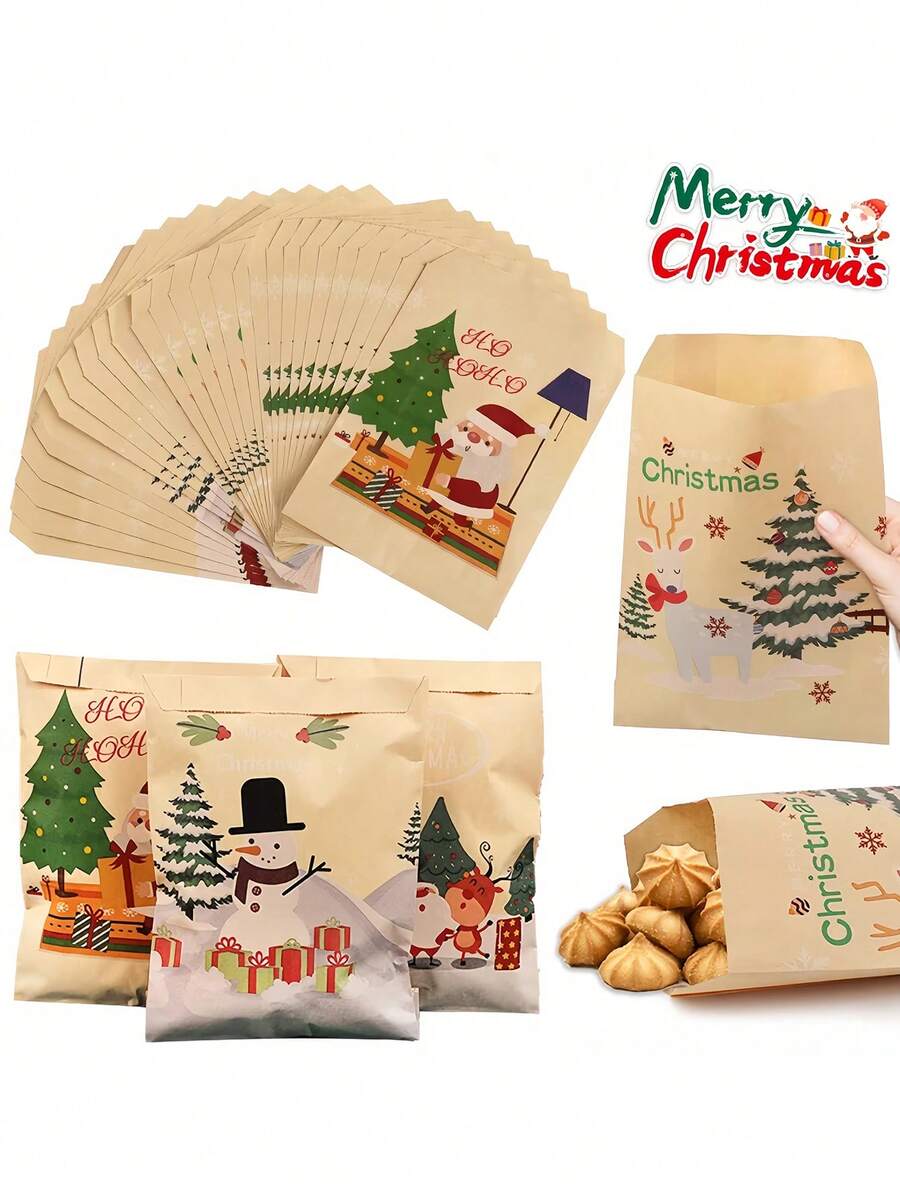 48 pezzi/24 pezzi/12 pezzi Sacchetti di carta kraft natalizi con stampe di alberi di Natale, Babbo Natale ed elefanti, per dolciumi, spuntino e regali di Natale, 6 stili